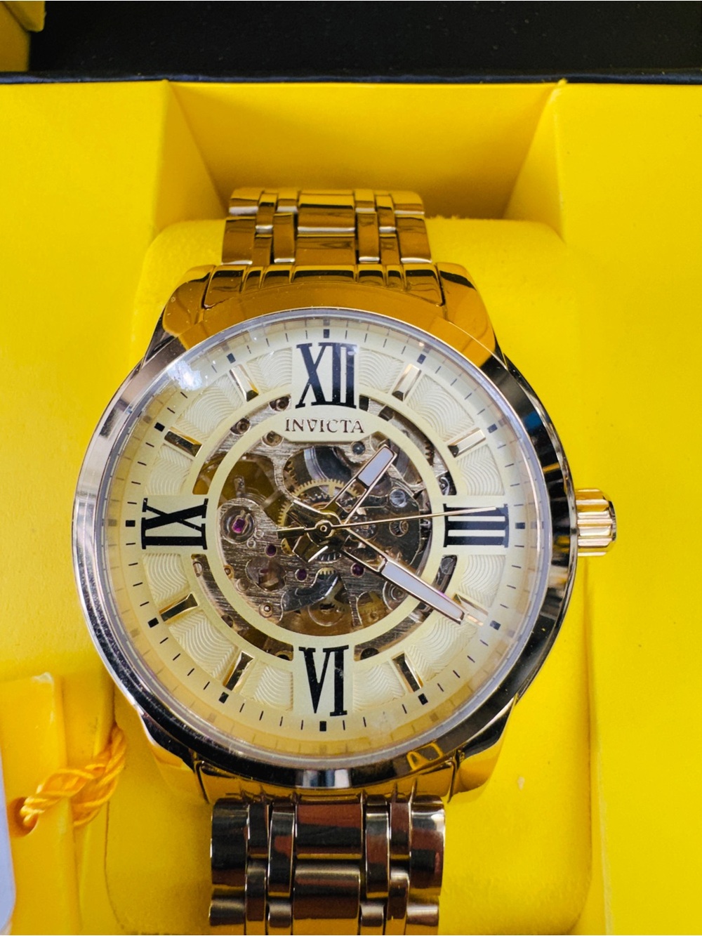 Invicta Gold-Tone Skeleton Dial Men's Watch with Black Roman Numerals